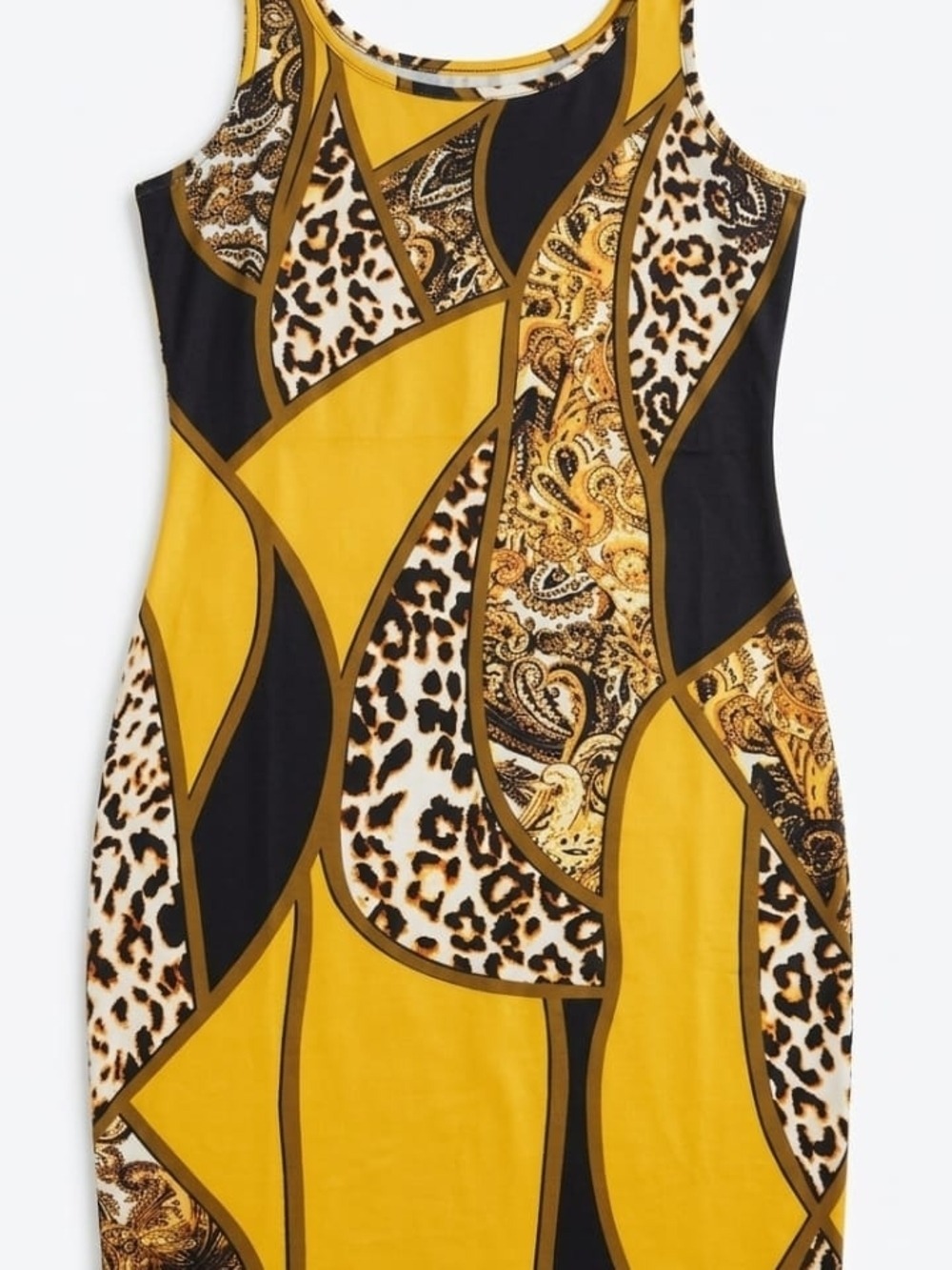 Mustard Yellow Patterned Midi Bodycon Dress - Picture 2 of 4